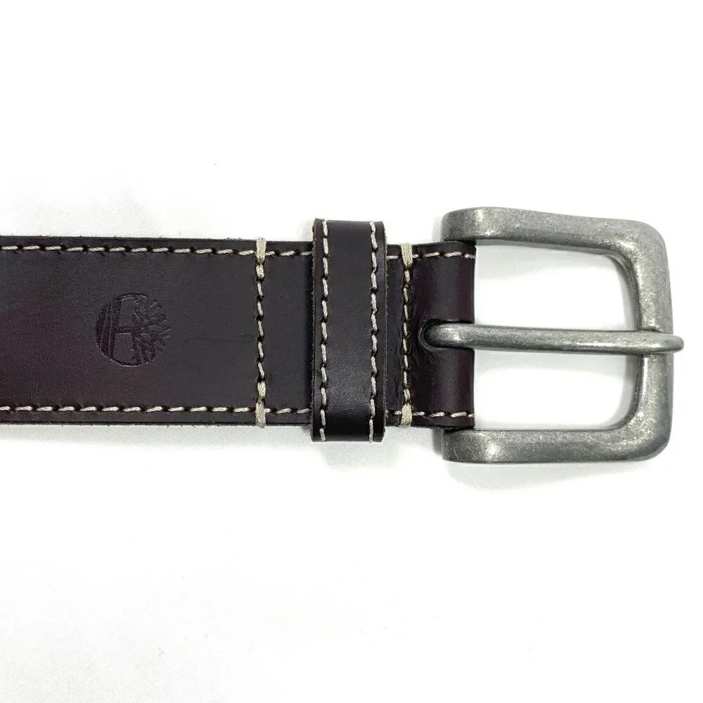 Timberland Men's Leather Belt Brown Topstitching Silver Hardware Size 32